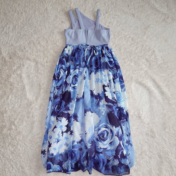 Girls Size 8 Xtraordinary Blue Asymmetrical Floral Sleeveless Maxi Spring Dress - Picture 3 of 5